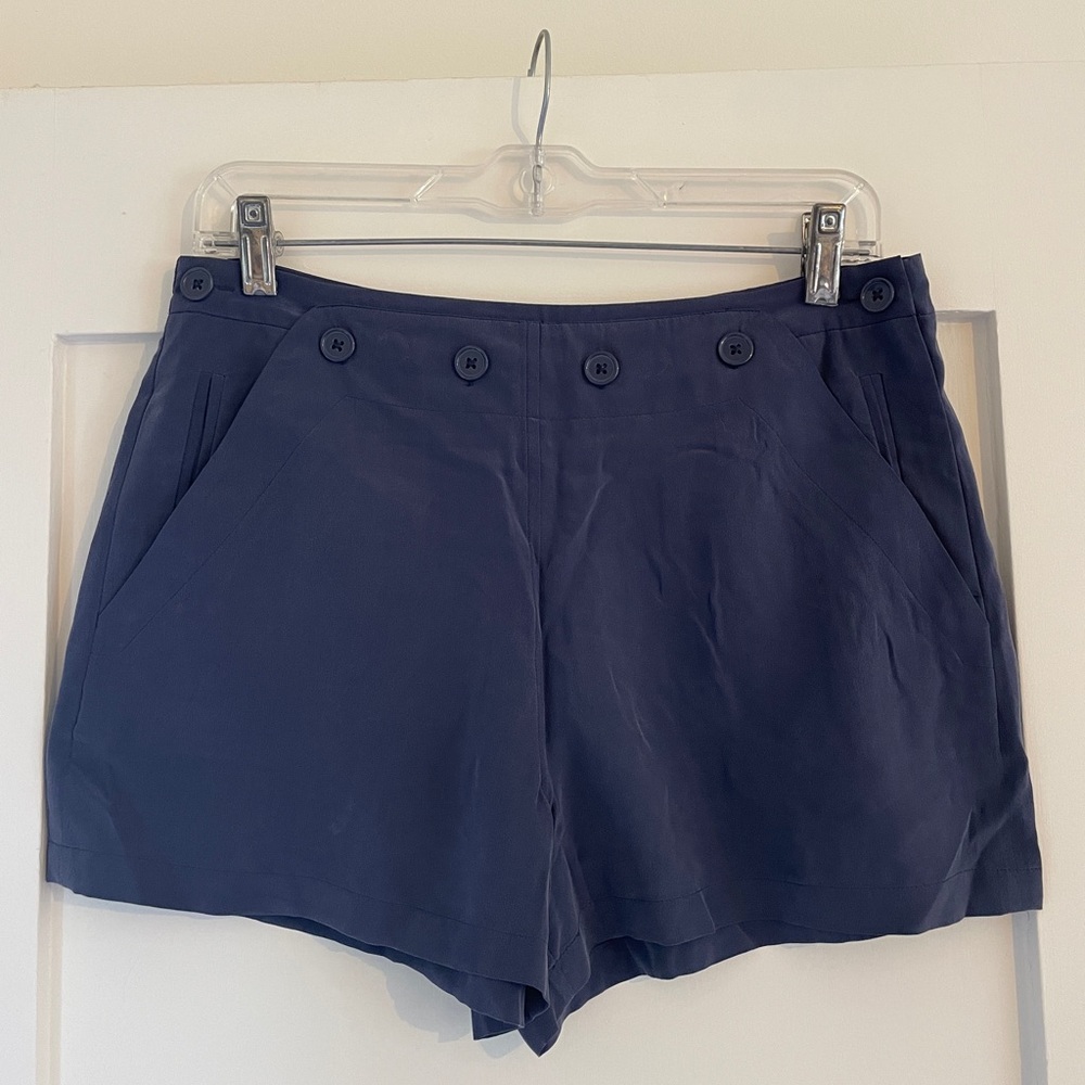 Joie High Waist Navy Silk Button Shorts